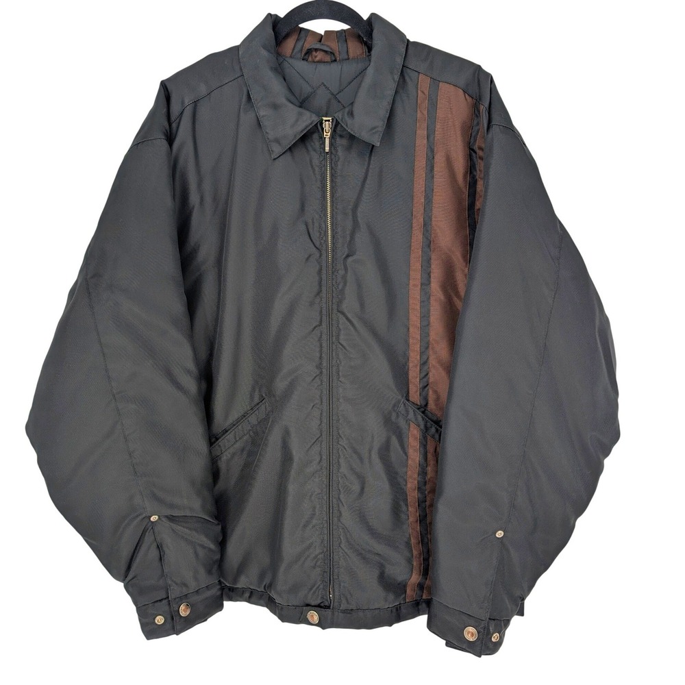 Canyon River Blues Bomber Jacket Mens XL Black Brown Quilted Lined Racing Stripe